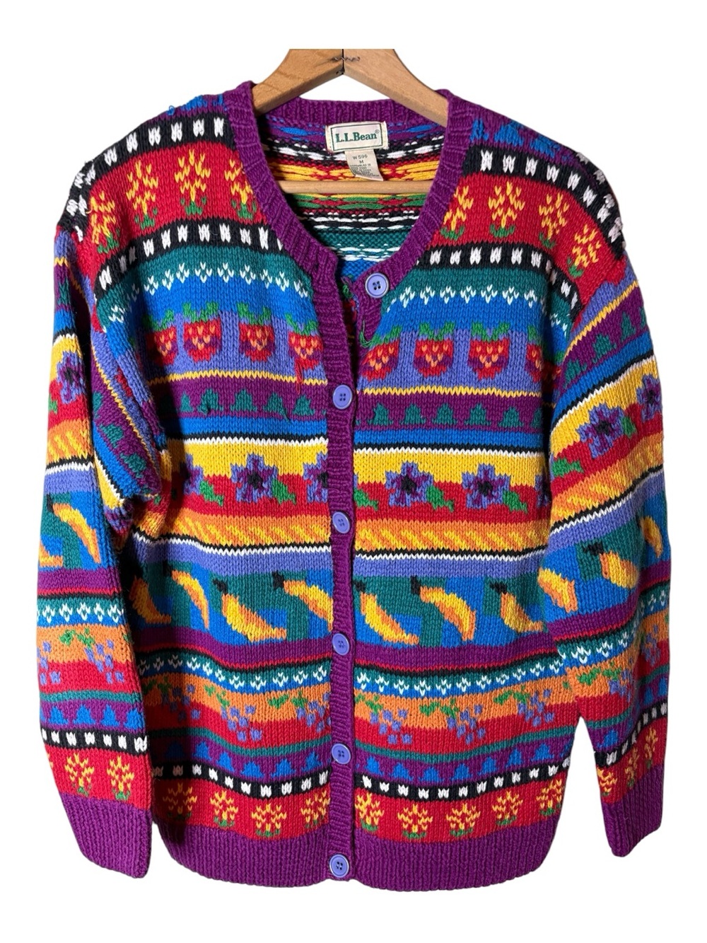 VTG LL Bean Fruit Floral Pattern Knit Cardigan Sweater Women’s M Rare Purple